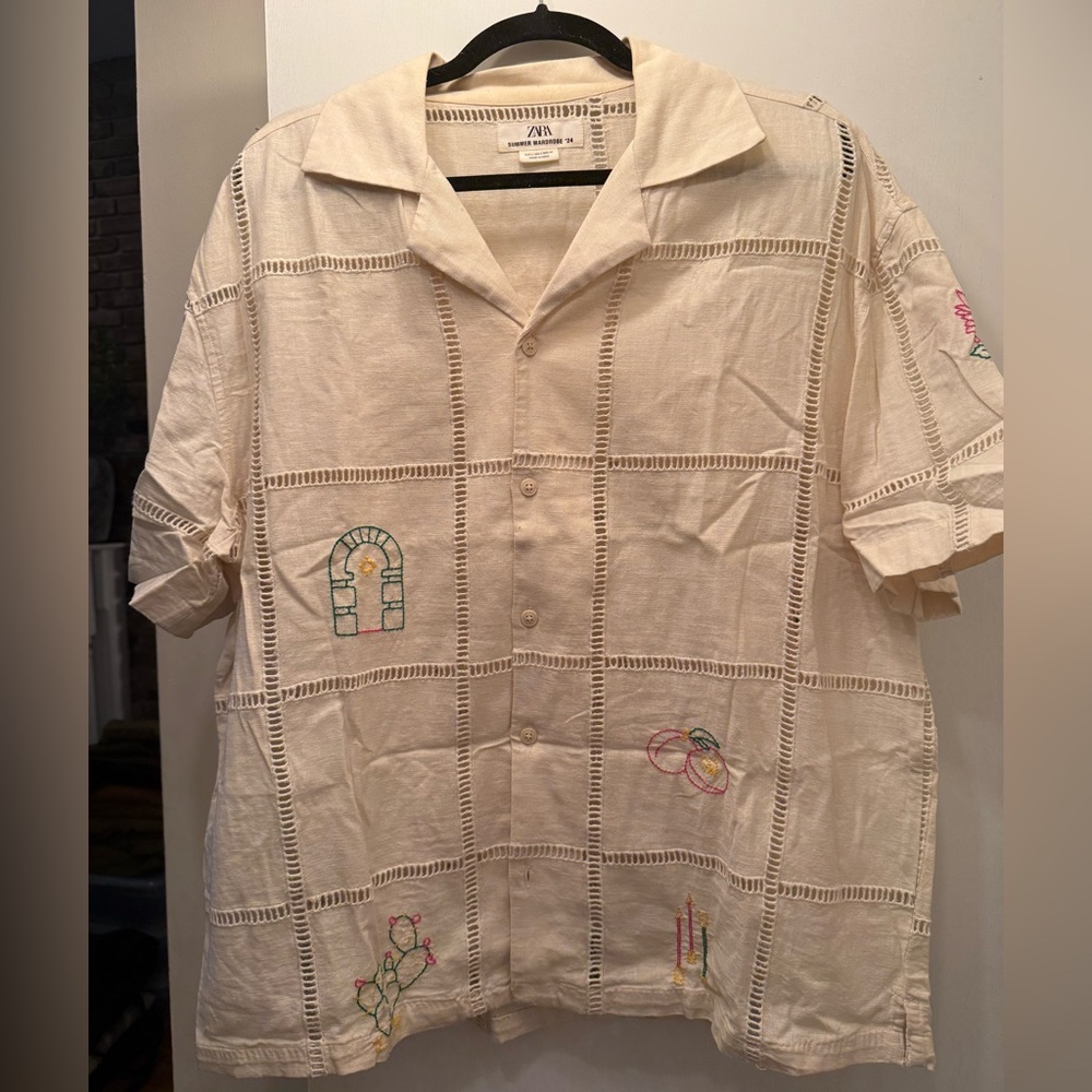 Zara Beige Embroidered Button-Up Shirt